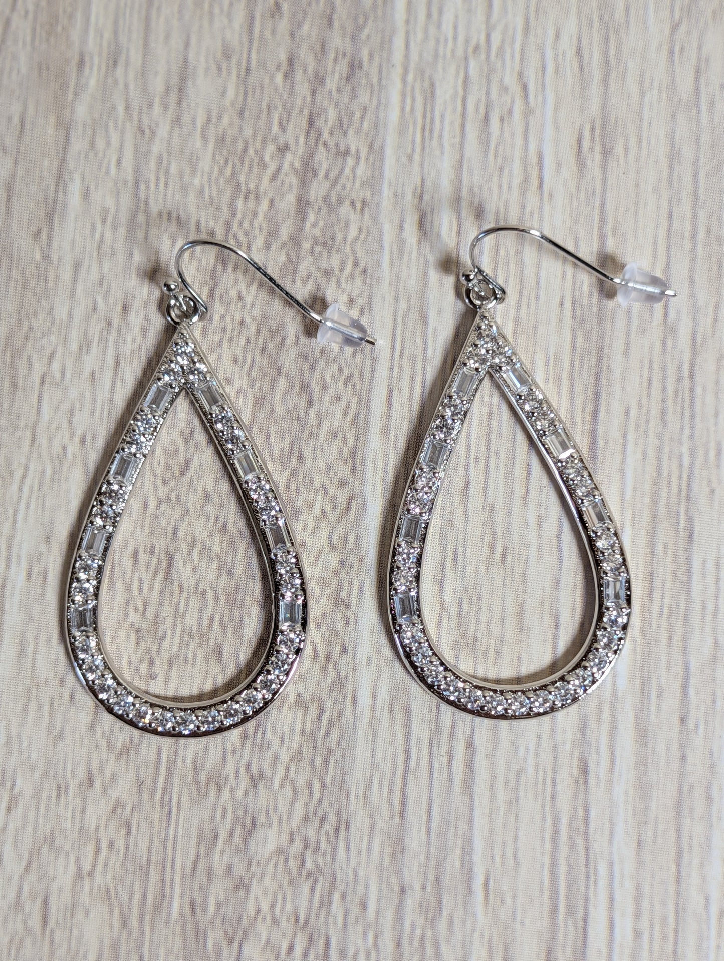 CZ Hoop Earrings White GemStone Tear Drop Shaped Dangle Silver Plated