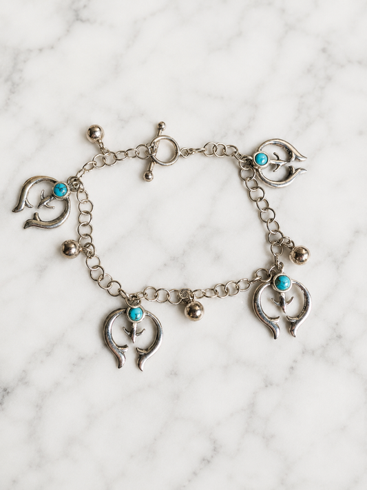 Handcrafted Southwestern Style Turquoise Spirit Naja Sterling Silver Charm Bracelet