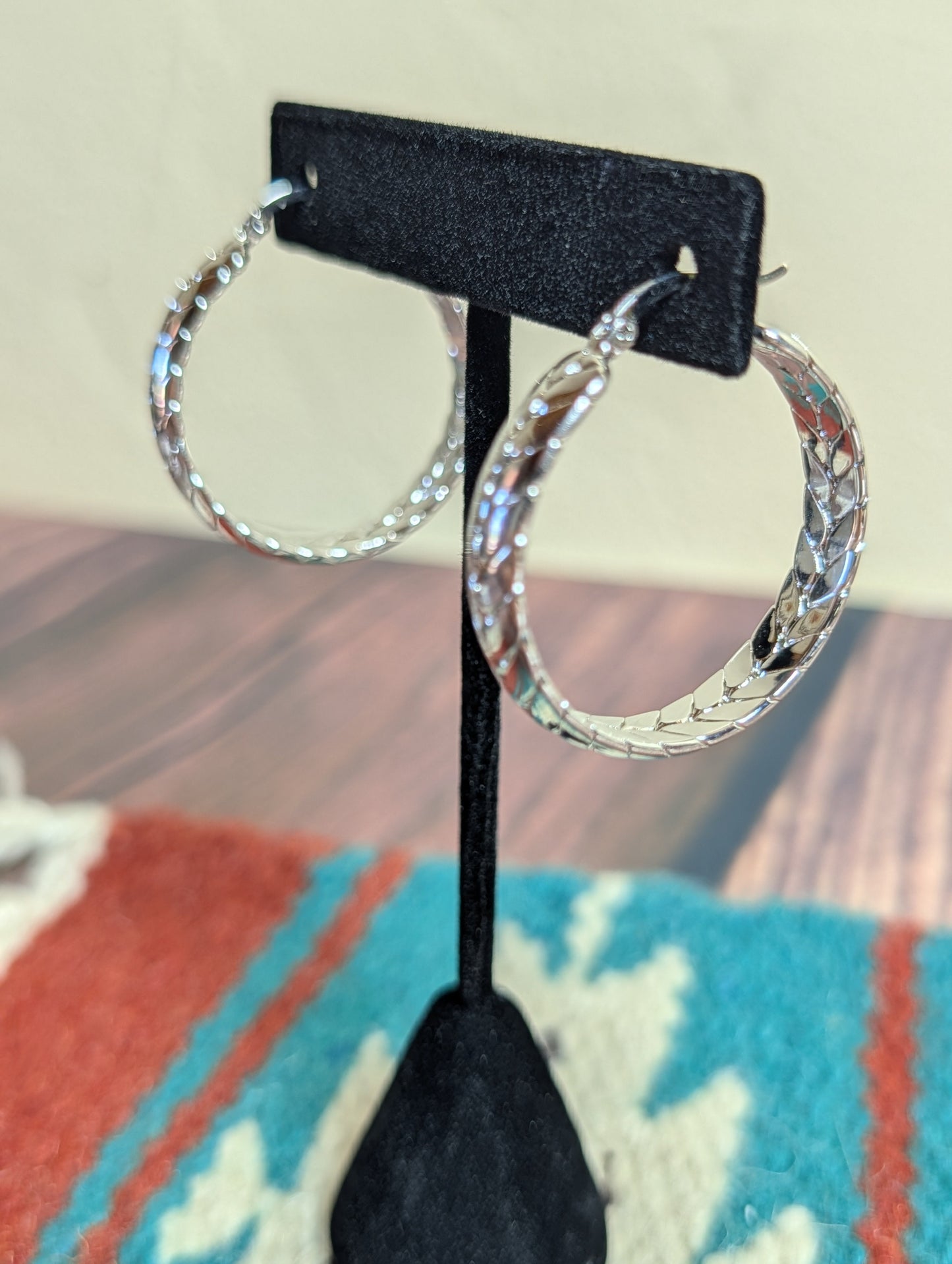 Double Row Herringbone Hoop Earrings Textured Silver Plated
