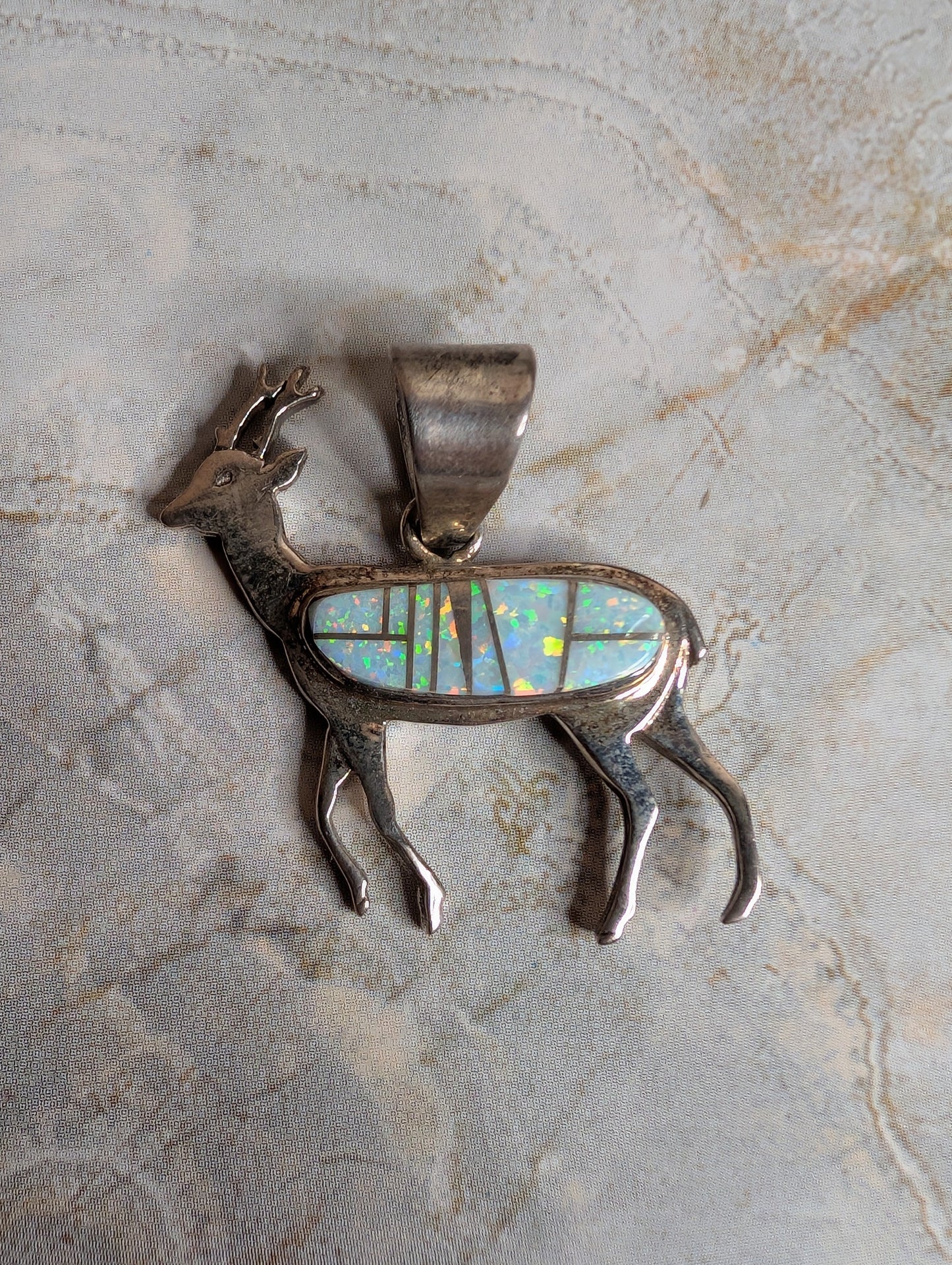 Handcrafted Fire White Opal Sterling Silver Deer Pendant