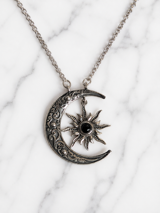 Black Onyx Crescent Sterling Silver Moon and Star Necklace