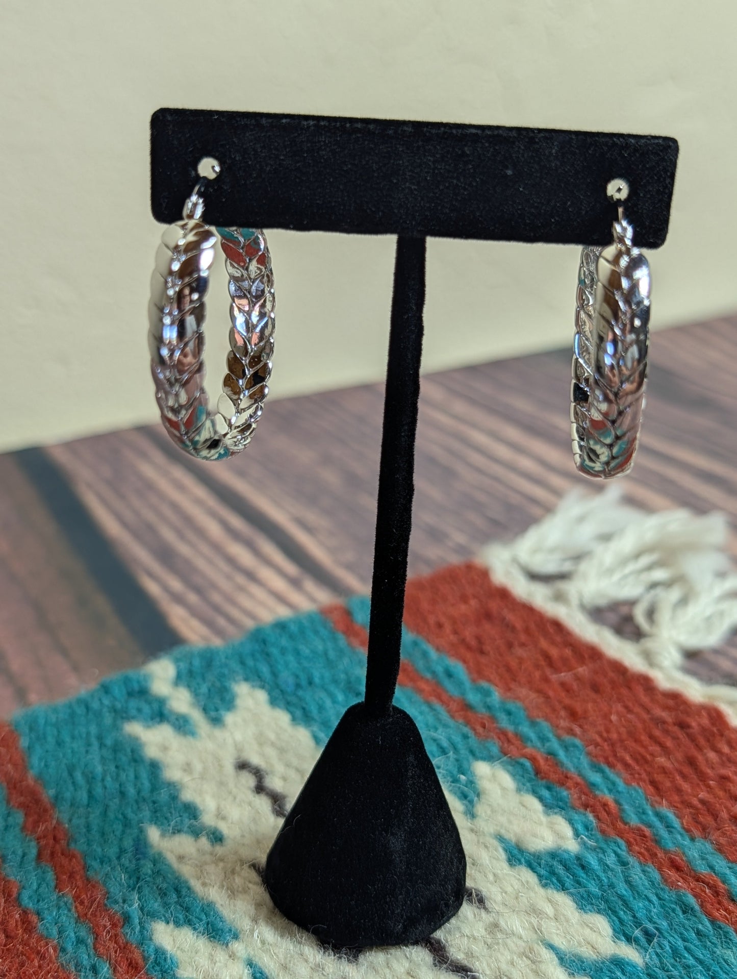 Double Row Herringbone Hoop Earrings Textured Silver Plated