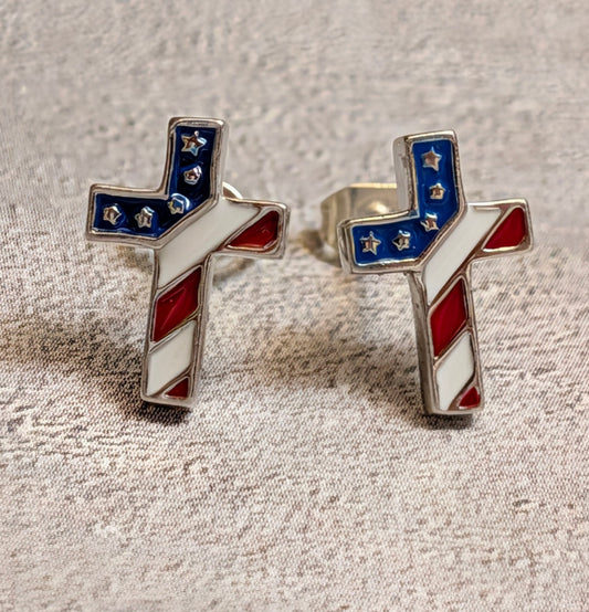Fourth Of July American Flag Cross Sterling Silver Stud Earrings