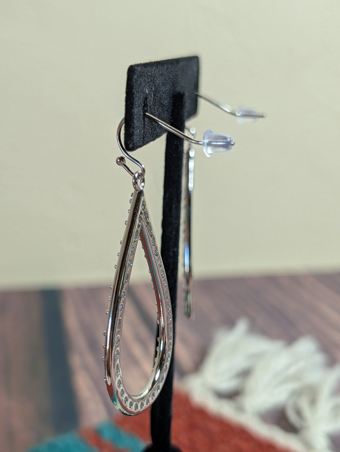 CZ Hoop Earrings White GemStone Tear Drop Shaped Dangle Silver Plated