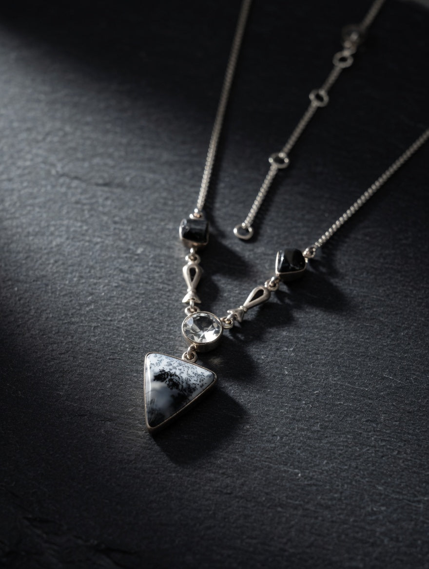 Dendritic Agate Triangle Shaped Gemstone With Clear Quartz & Black Tourmaline Sterling Silver Necklace