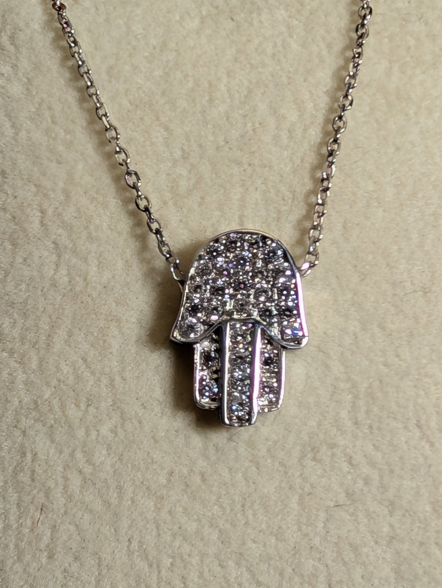 Hamsa Hand CZ Pendant On Sterling Silver Necklace