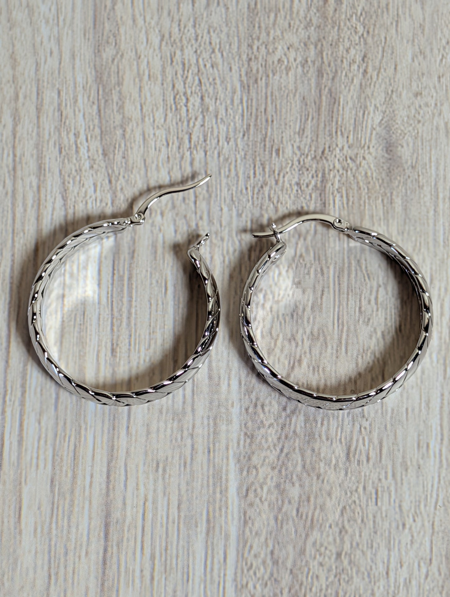 Double Row Herringbone Hoop Earrings Textured Silver Plated
