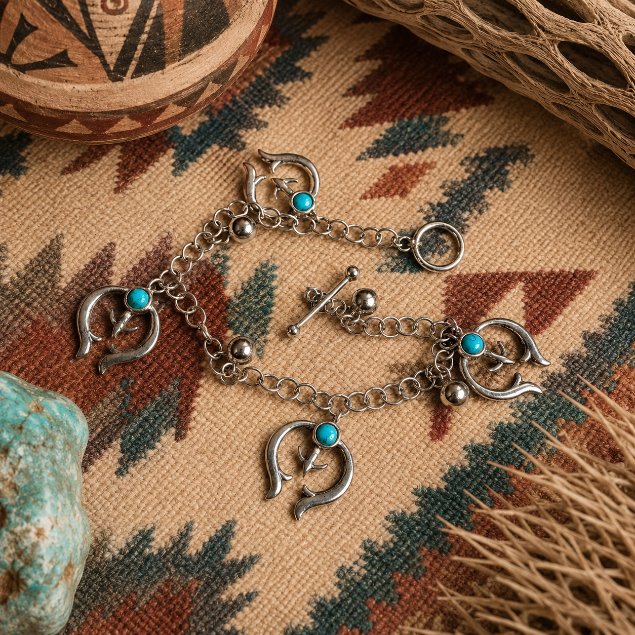 Handcrafted Southwestern Style Turquoise Spirit Naja Sterling Silver Charm Bracelet