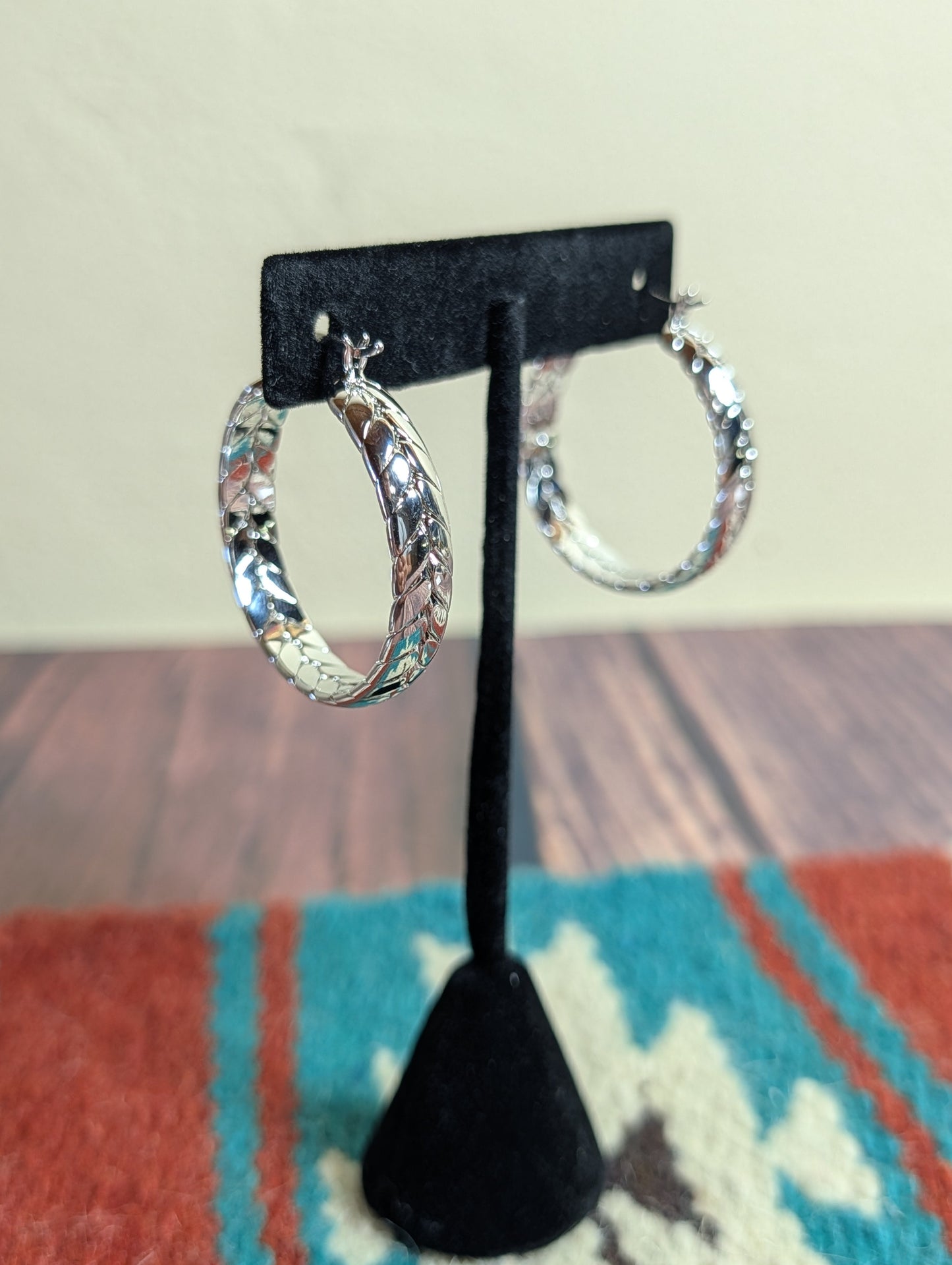 Double Row Herringbone Hoop Earrings Textured Silver Plated