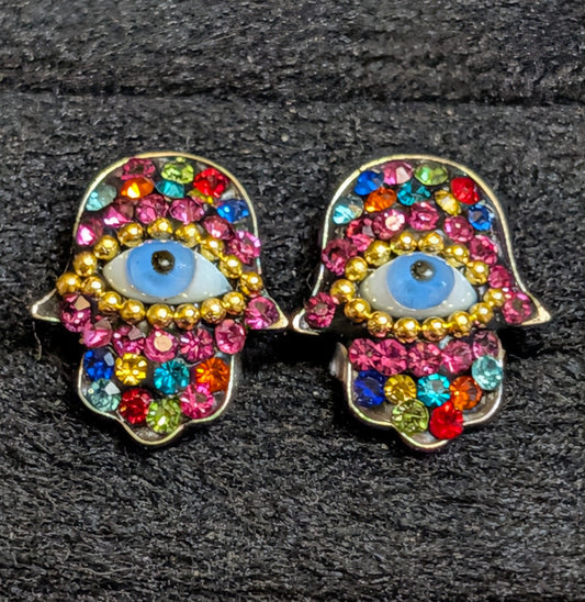 Hamsa Multi-Color Evil Eye Sterling Silver Stud Earrings