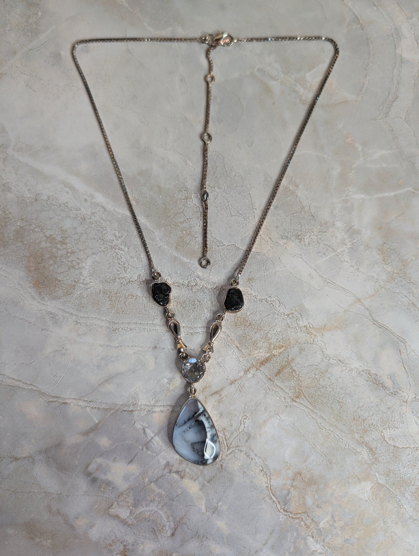 Dendritic Agate Gemstone With Clear Quartz & Black Tourmaline Sterling Silver Necklace