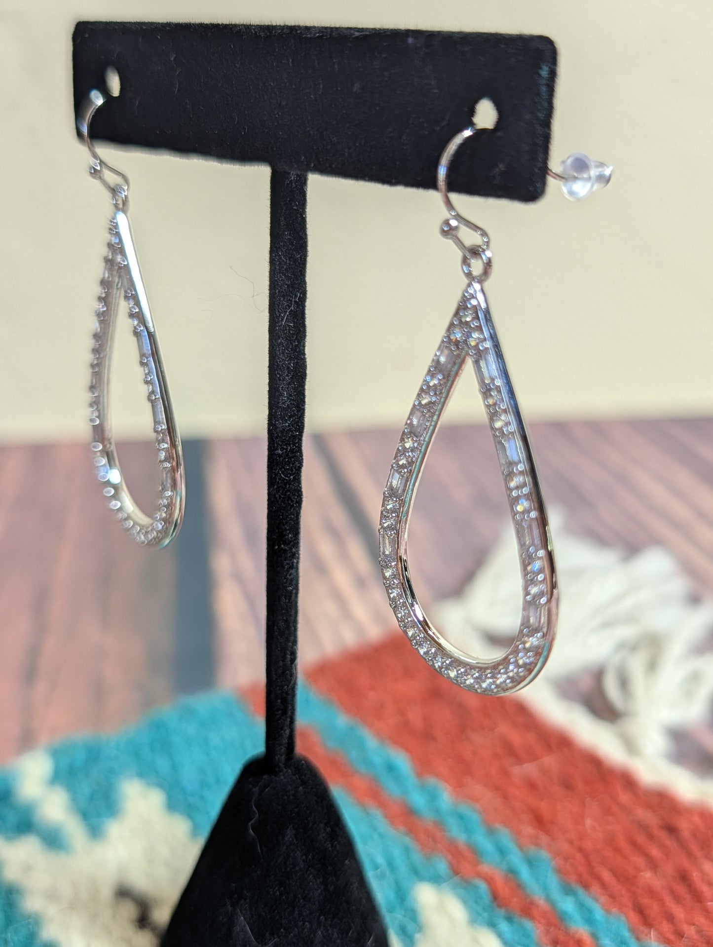CZ Hoop Earrings White GemStone Tear Drop Shaped Dangle Silver Plated
