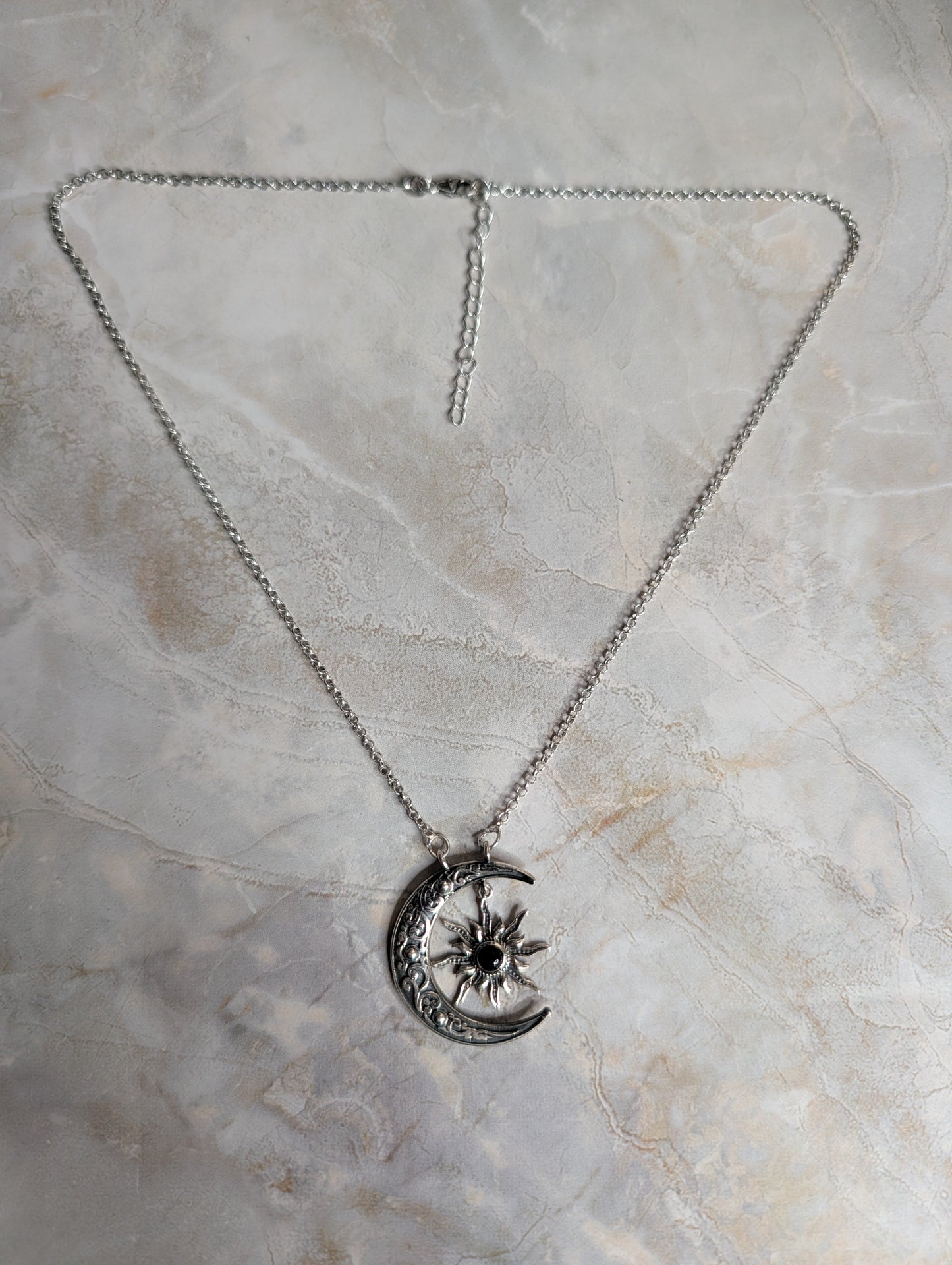 Black Onyx Crescent Sterling Silver Moon and Star Necklace