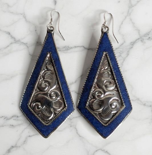 Blue & Silver Embossed Drop Earrings