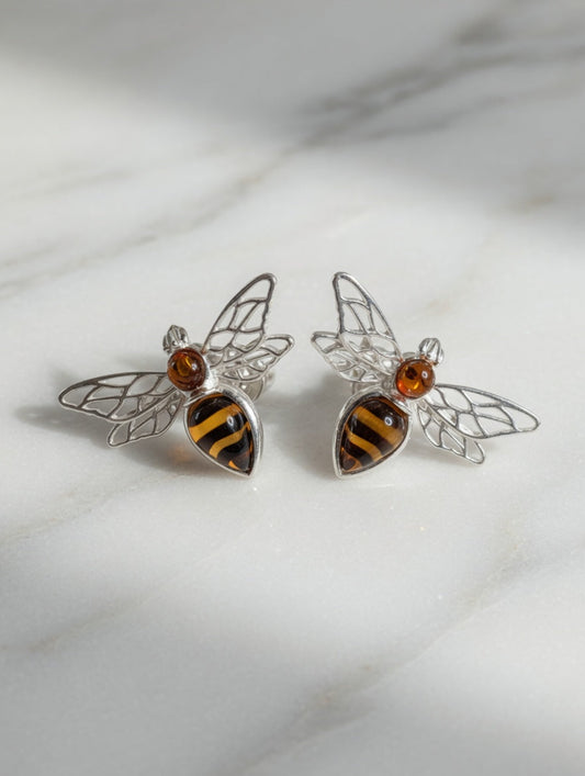 Amber Handmade Sterling Silver Bee Earrings