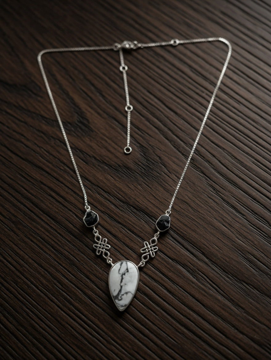 Dendritic Agate Leaf Shaped Gemstone With Black Tourmaline Sterling Silver Necklace