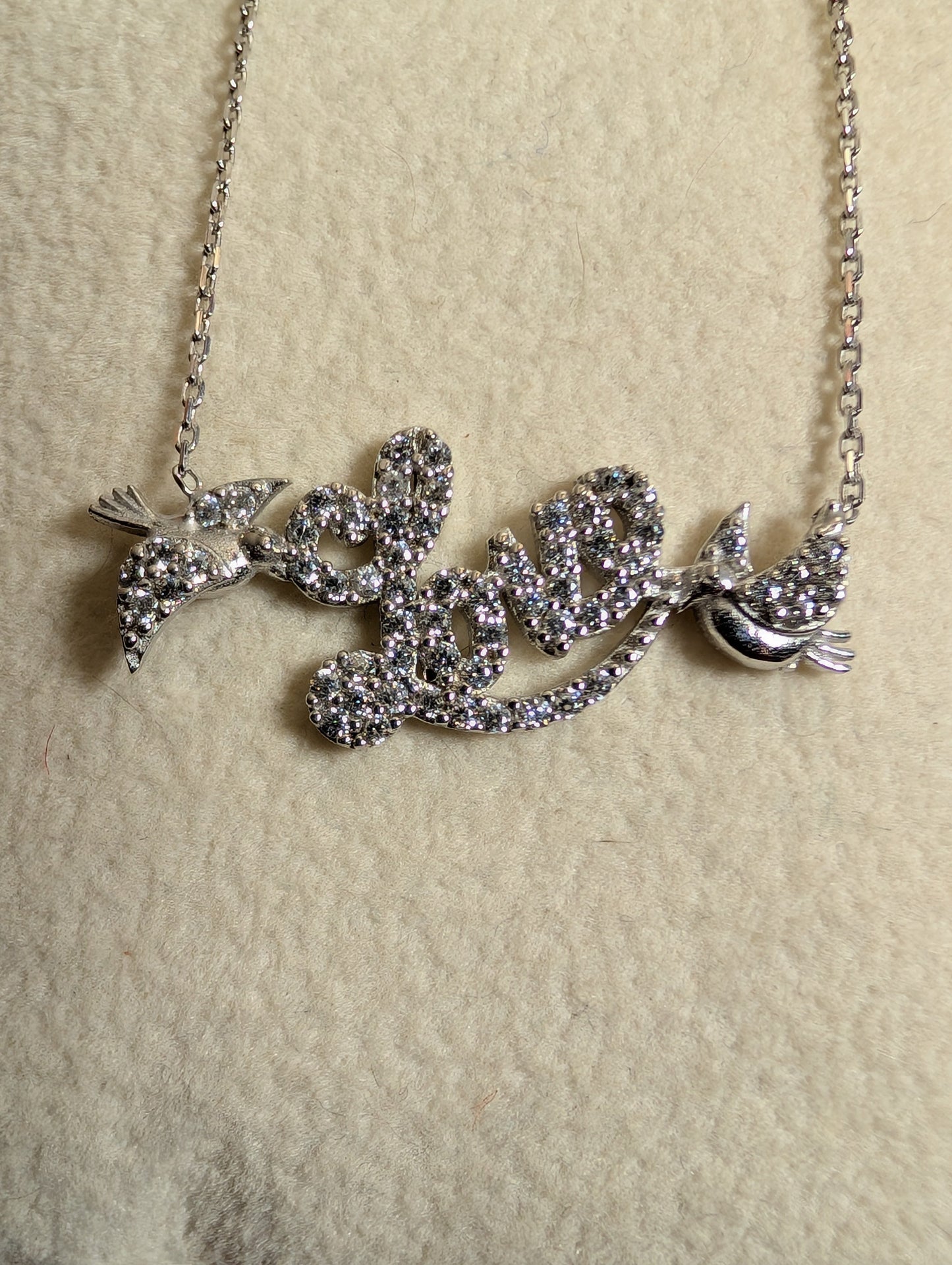 CZ Love Pendant With Bird Motif On Sterling Silver Bar Necklace