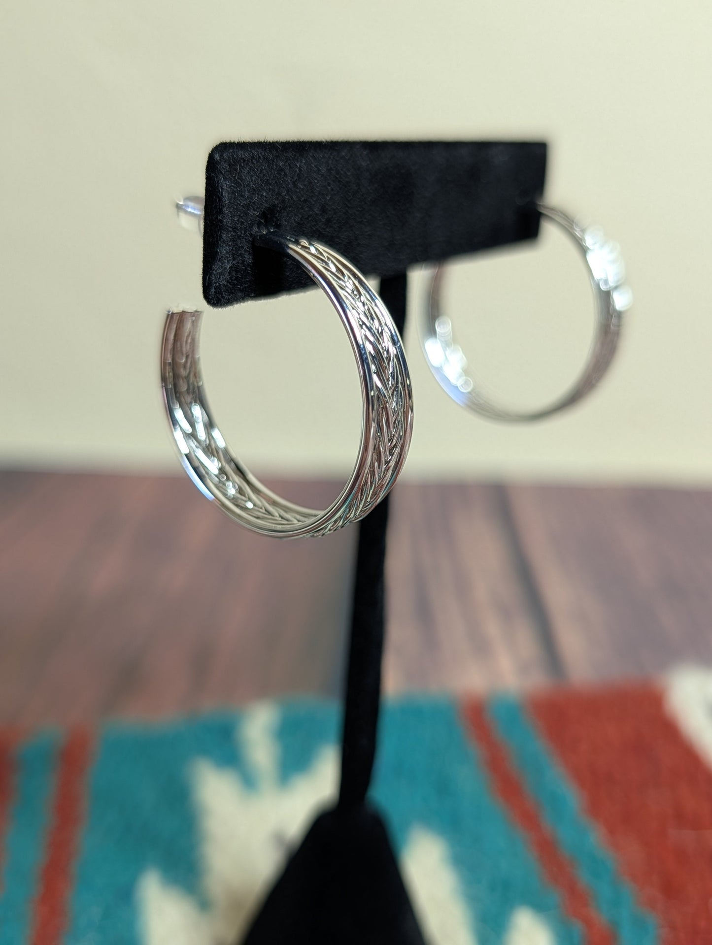 Etched Braided Hoop Earrings Textured Silver Plated