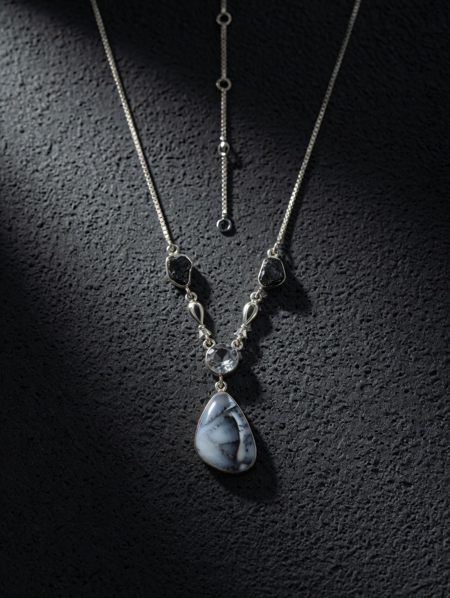 Dendritic Agate Gemstone With Clear Quartz & Black Tourmaline Sterling Silver Necklace