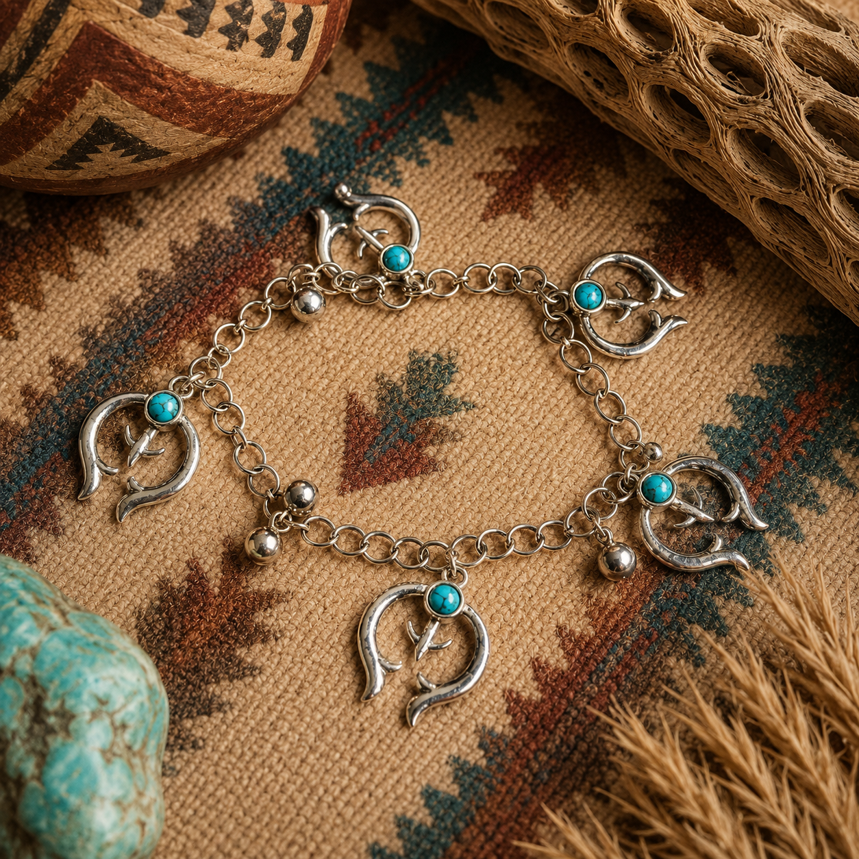 Handcrafted Southwestern Style Turquoise Spirit Naja Sterling Silver Charm Bracelet