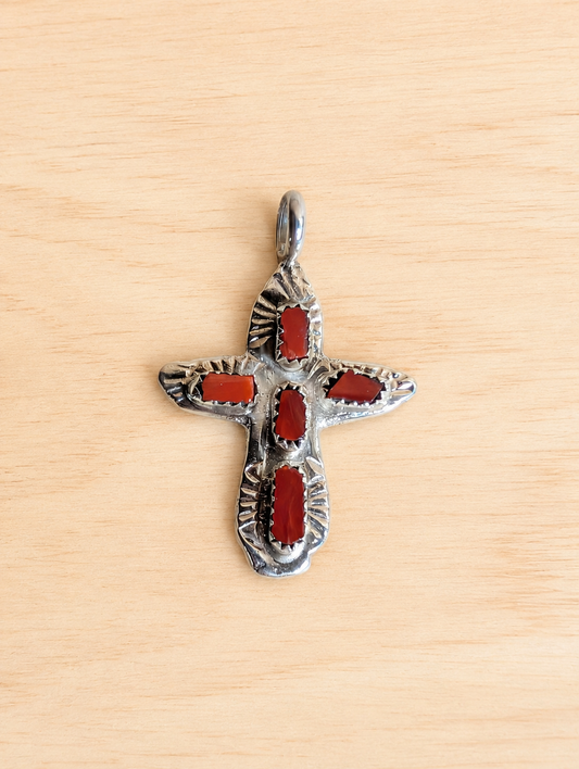 Handcrafted Red Coral Sterling Silver Cross Pendant