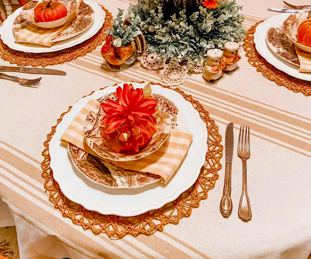 Beige Striped Round Tablecloth