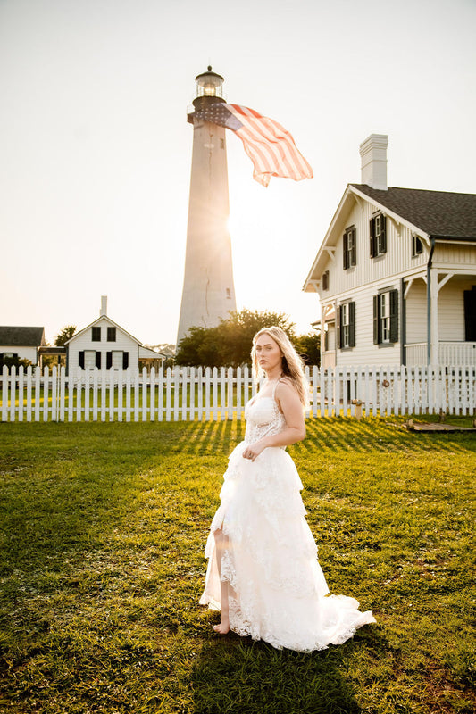 The Harlow Gown – Romantic Tiered Lace Wedding Dress with High-Low Skirt
