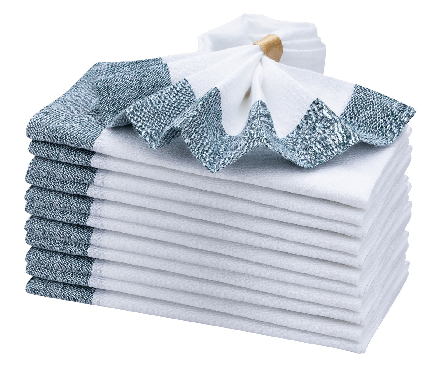 White Linen Napkins - Green Border
