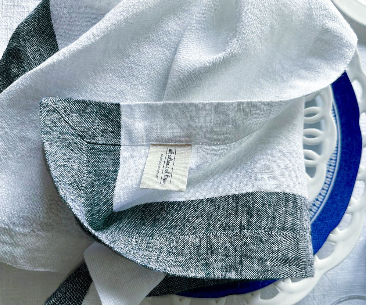 White Linen Napkins - Green Border