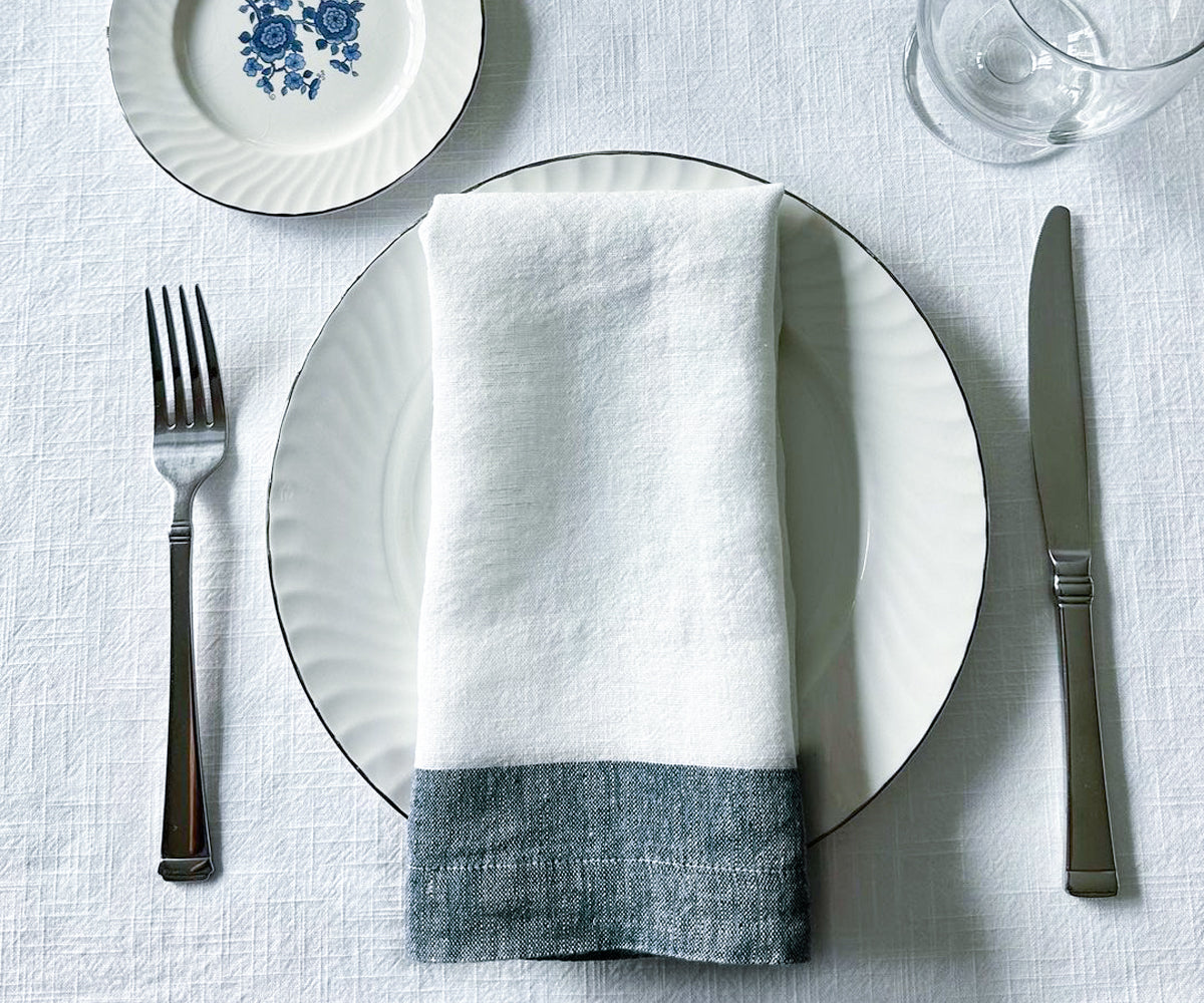 White Linen Napkins - Green Border