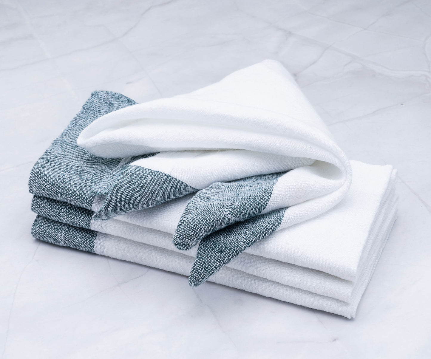 White Linen Napkins - Green Border