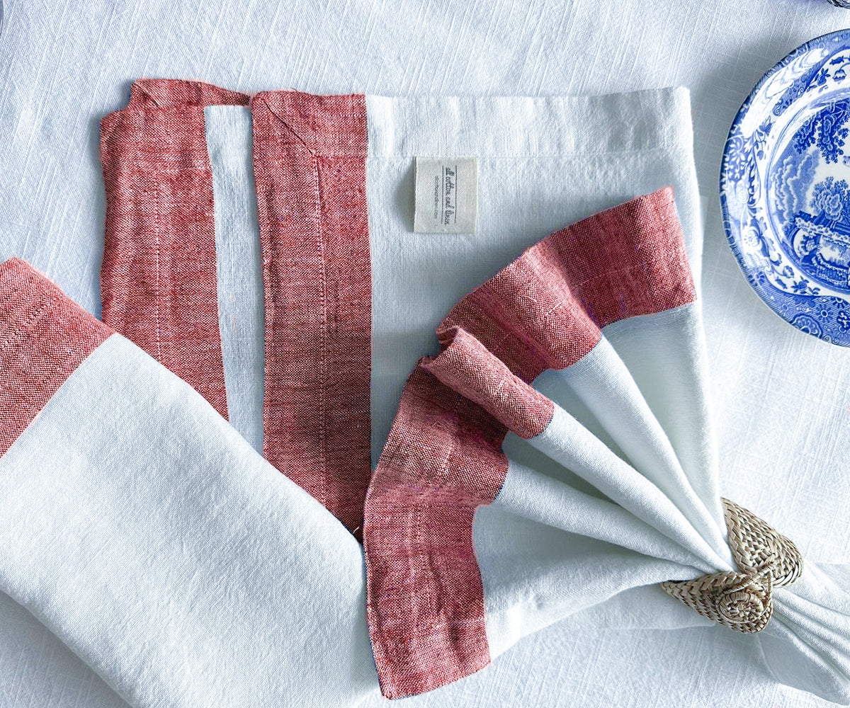 White Napkins Linen - Red Border