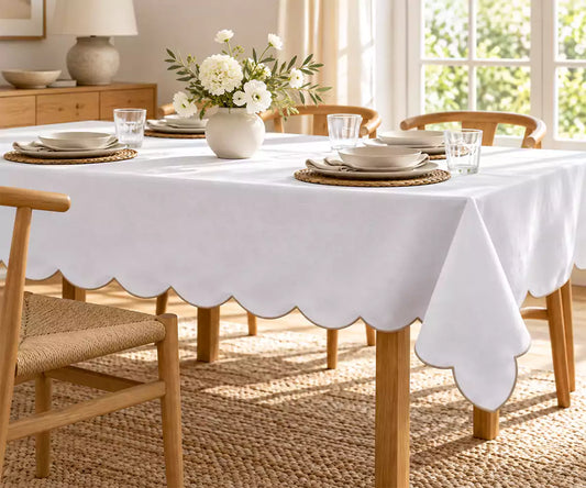 White Cotton Tablecloth - Beige Scalloped