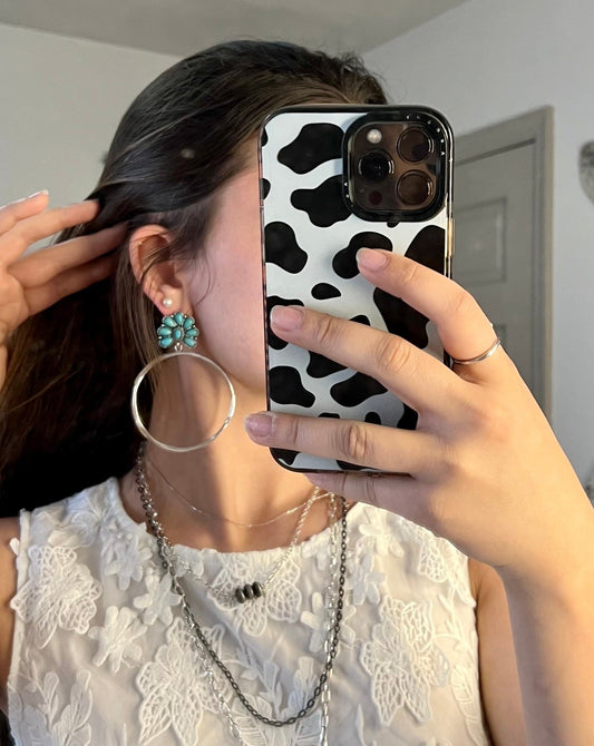 Large Burnished Silver Hammered Hoop Earring With Turquoise Flower Post